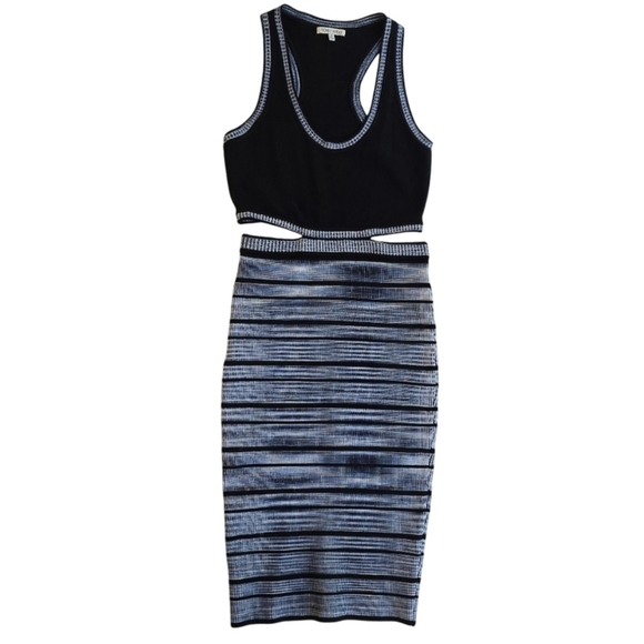 MM Ronny Kobo Black Blue Striped Cut Out Bodycon Dress Womens Size S Knit Midi - Picture 1 of 13